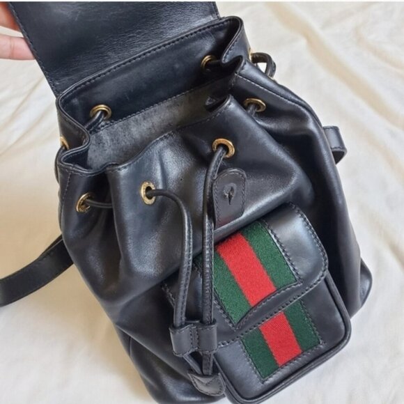 Authentic Vintage Gucci Bamboo Handle Backpack Web Stripe Black Leather - Picture 6 of 15